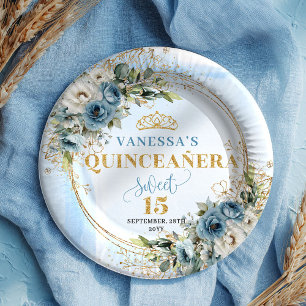 Boho Dusty Blue Eucalyptus Gold Glitter Custom Paper Plate