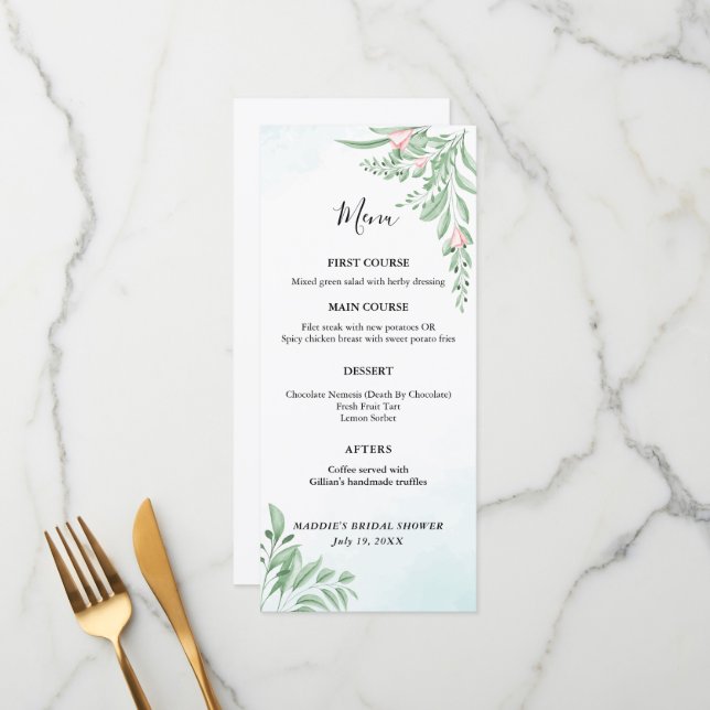 Boho Dusty Blue Eucalyptus Greenery Baby Shower Menu (Front/Back In Situ)
