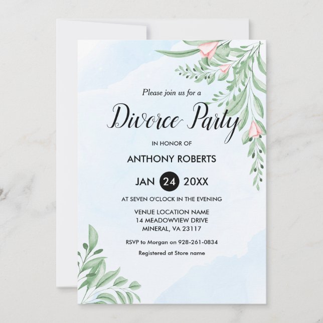 Boho Dusty Blue Eucalyptus Greenery Divorce Party  Invitation (Front)