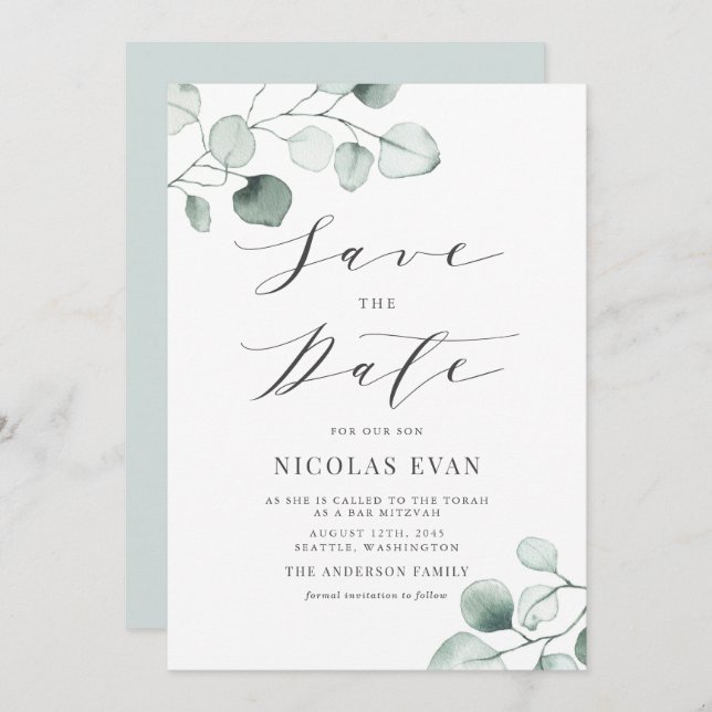 Boho Dusty Blue Eucalyptus Leaves Bar Mitzvah Save The Date (Front/Back)