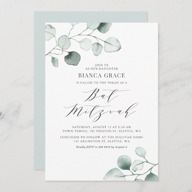 Boho Dusty Blue Eucalyptus Leaves Bat Mitzvah Invitation (Front/Back)