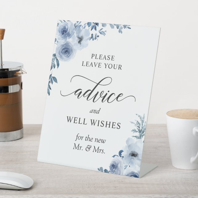 Boho Dusty Blue Floral Advice and Well Wishes Pedestal Sign (In SItu)