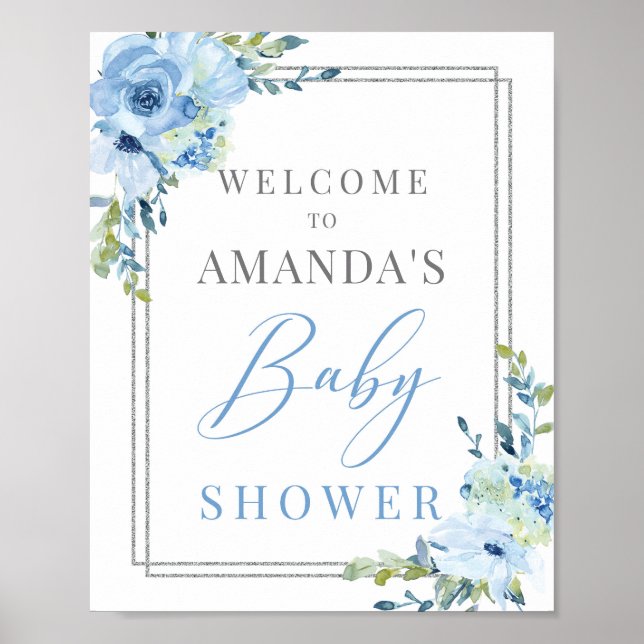 Boho dusty blue floral baby shower welcome sign (Front)