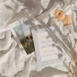 Boho Dusty Blue Floral Botanical Photo Wedding Save The Date