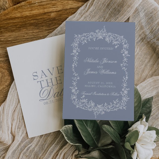 Boho Dusty Blue Floral Botanical Wedding Save The  Date (Creator Uploaded)