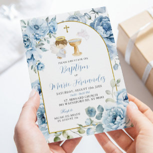 Boho Dusty Blue Floral Boy Baptism Invitation