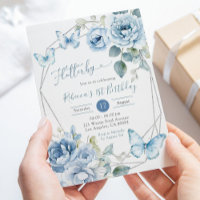 Boho Dusty Blue Floral Butterfly Birthday