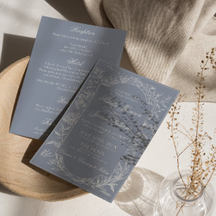 Boho Dusty Blue Floral Classy All In One Wedding Invitation