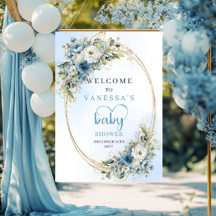 Boho Dusty Blue Floral Eucalyptus Baby Shower Sign