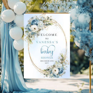 Boho Dusty Blue Floral Eucalyptus Gold Baby Shower Poster