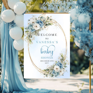Boho Dusty Blue Floral Eucalyptus Gold Baby Shower Poster