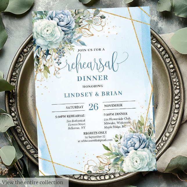 Boho Dusty Blue Floral Gold Frame Dinner Invite (Boho Dusty Blue Floral Gold Frame Dinner Invitation)