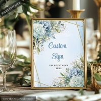 Boho Dusty Blue Floral Gold Frame Wedding Sign
