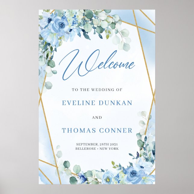 Boho Dusty Blue Floral gold frame Wedding Welcome Poster (Front)
