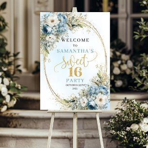 Boho Dusty Blue Floral Gold Sweet 16 Welcome Poster