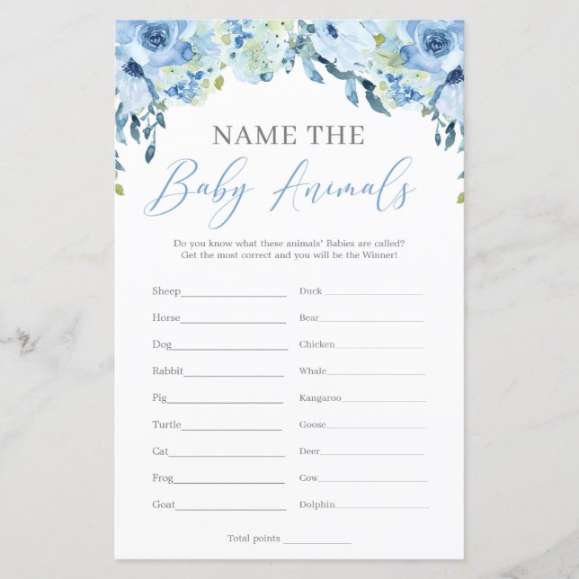 Boho Dusty Blue Floral Name The Baby Animals (Front)