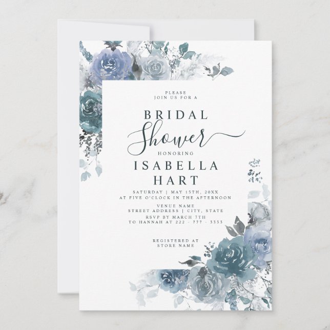 Boho Dusty Blue Floral Pastel Slate Bridal Shower Invitation (Front)