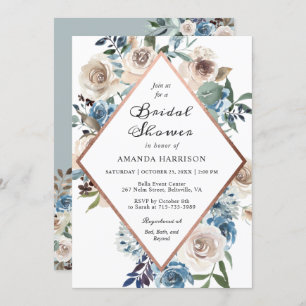 Boho Dusty Blue Floral Rose Gold Bridal Shower Invitation