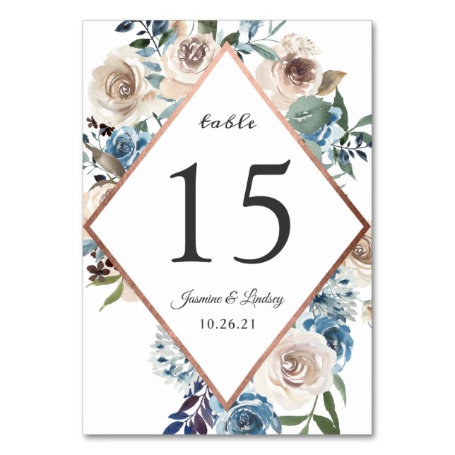 Boho Dusty Blue Floral Rustic Rose Gold Wedding Table Number (Front)