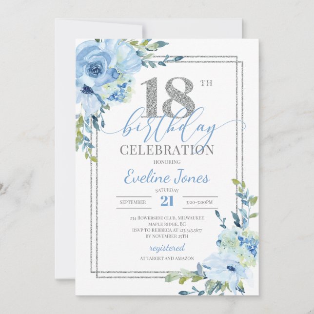 Boho Dusty blue floral silver geometric birthday  Invitation (Front)