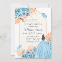 Boho Dusty Blue Floral Spanish Girl XV Años Invita