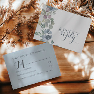 Boho Dusty Blue Floral Wedding RSVP  Card