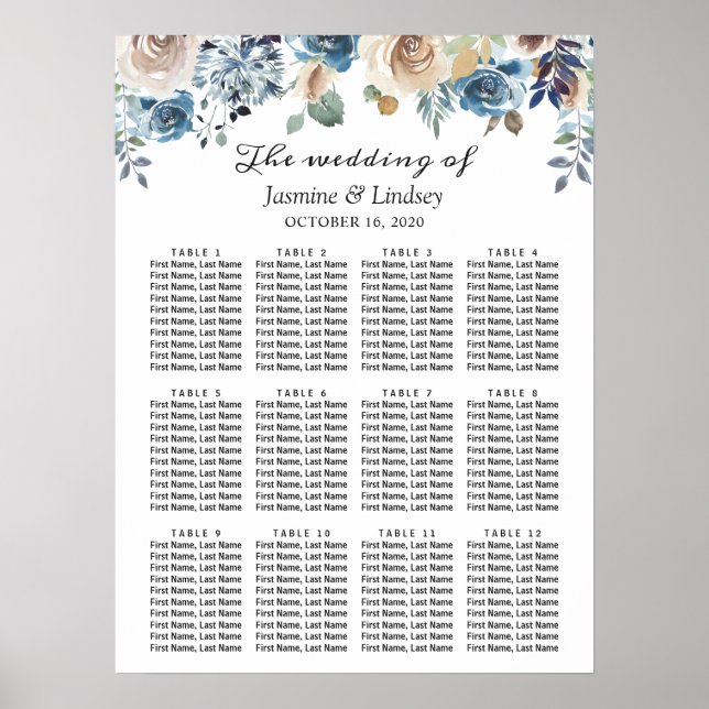 Boho Dusty Blue Floral Wedding Seating Chart (Front)