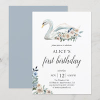 Boho Dusty Blue Flower Swan 1st Birthday