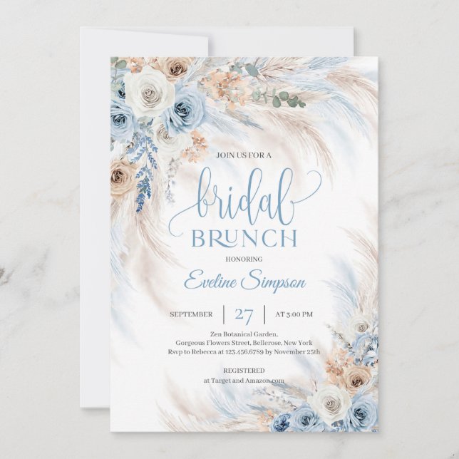 Boho Dusty blue flowers and pampas Bridal brunch Invitation (Front)