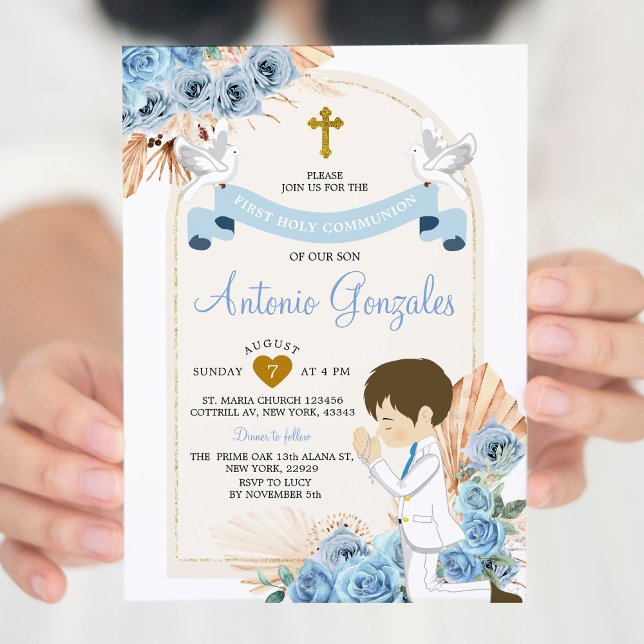 Boho Dusty Blue Flowers Boy First Holy Communion Invitation (Creator Uploaded)