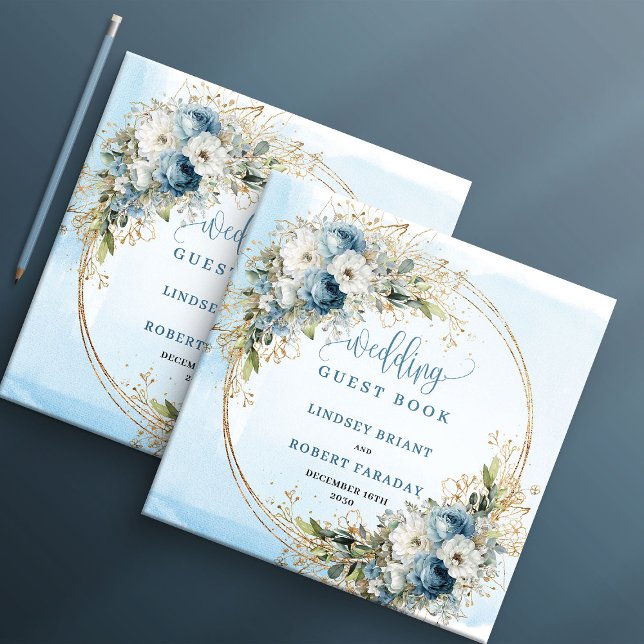 Boho Dusty Blue Flowers Greenery Gold Guest Book (Boho Dusty Blue Flowers Greenery Gold Guest Book)