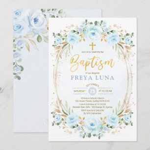 Boho Dusty Blue Gold Garden Floral Baptism Invitation