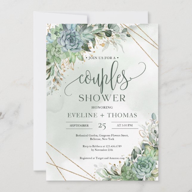 Boho dusty blue green succulents couples shower invitation (Front)