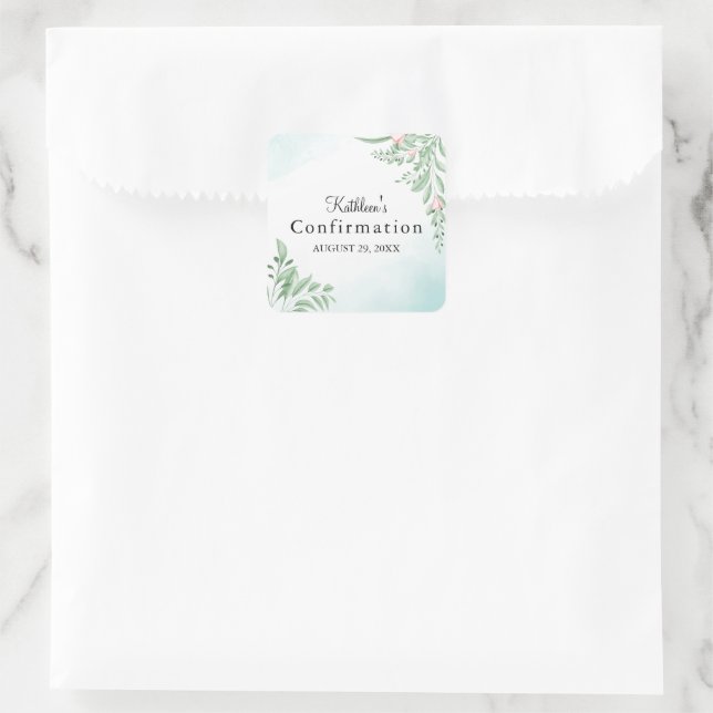 Boho Dusty Blue Greenery First Holy Confirmation Square Sticker (Bag)