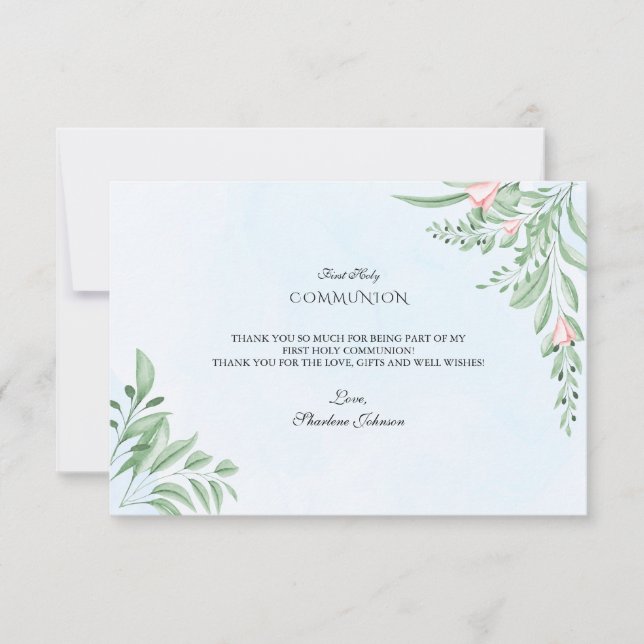 Boho Dusty Blue Greenery Holy Communion Thank You Card (Front)