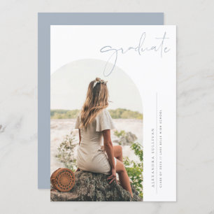 Boho Dusty Blue Minimalist Arch Photo Graduation Invitation