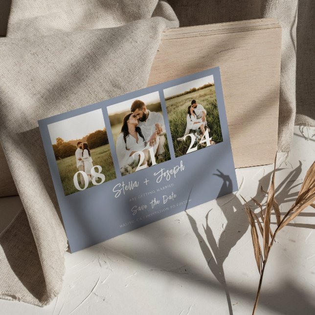 Boho Dusty Blue Modern Three Photos Chic Wedding Save The Date (Creator Uploaded)