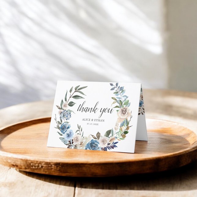 Boho Dusty Blue Neutral Flowers Wedding Thank You Card (Creator Uploaded)
