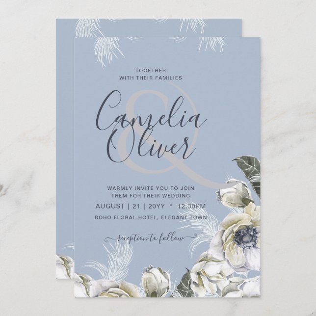 BOHO Dusty Blue Pampas Floral Wedding Invitation (Front/Back)