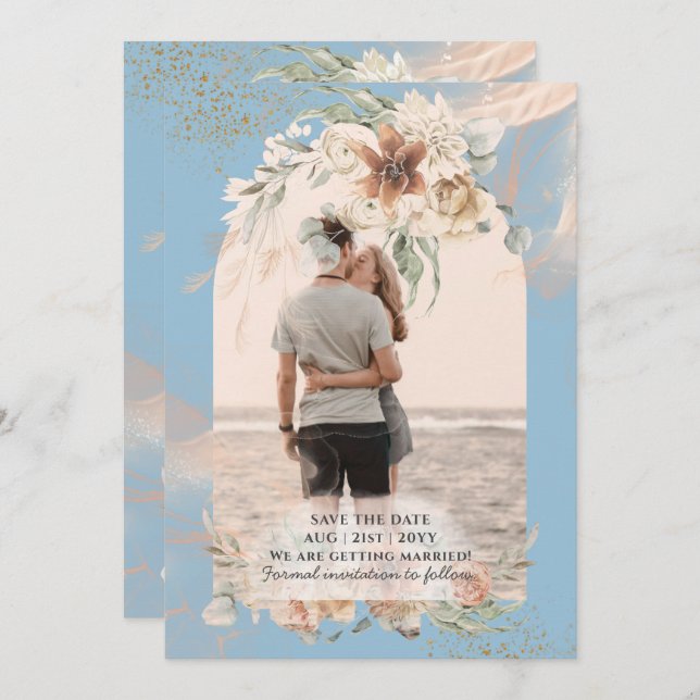 BOHO Dusty Blue Pampas Grass Wedding Save The Date (Front/Back)