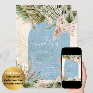 BOHO Dusty Blue Peach Pampas Grass Wedding Invitation