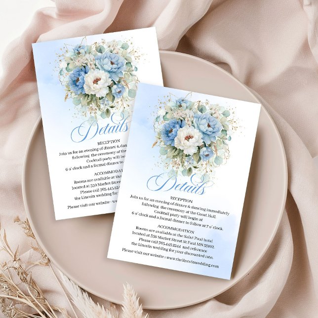 Boho Dusty Blue Peonies Gold Wedding Details Card (Boho Dusty Blue Peonies Gold Wedding Details Card)