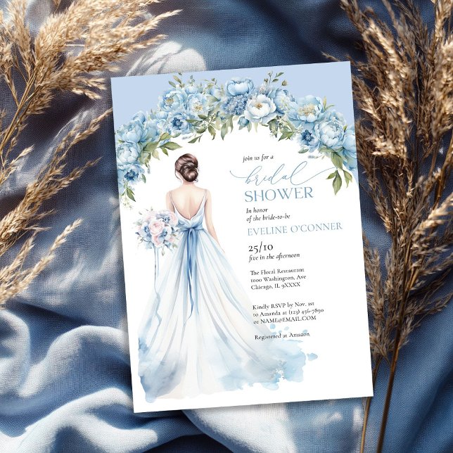Boho dusty blue peonies wedding gown greenery invitation (Boho dusty blue peonies wedding gown greenery invitation)