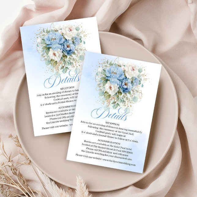 Boho Dusty Blue Peonies White Wedding Details Enclosure Card (Boho Dusty Blue Peonies White Wedding Details)
