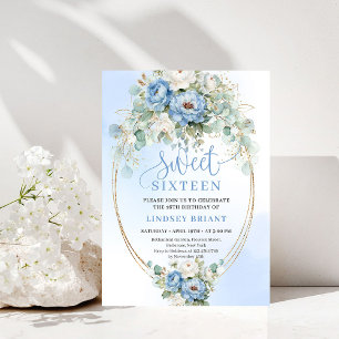 Boho Dusty Blue Peony Gold Sweet Sixteen Invite