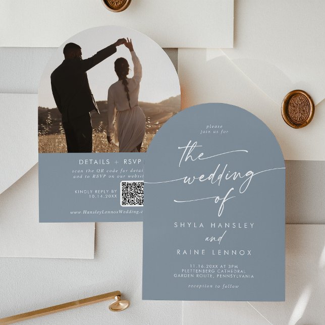 Boho Dusty Blue Photo QR Code Arch Wedding Invitation (Creator Uploaded)