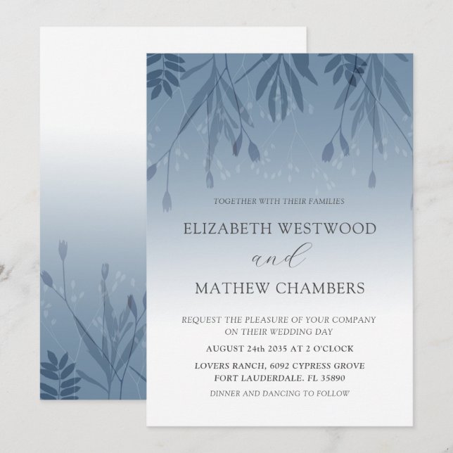 Boho Dusty Blue Pressed Foliage Wedding  Invitatio Invitation (Front/Back)