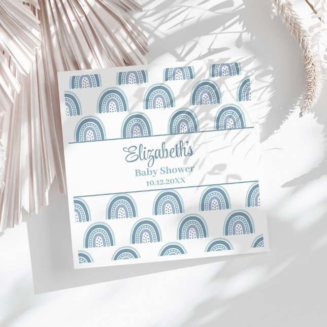 Boho Dusty Blue Rainbow Baby Shower Napkins (Boho Dusty Blue Rainbow Baby Shower Napkins on a sunny white table.)