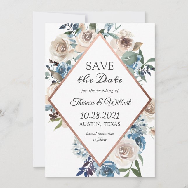 Boho Dusty Blue Rustic Floral Rose Gold Wedding Save The Date (Front)