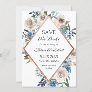 Boho Dusty Blue Rustic Floral Rose Gold Wedding Save The Date